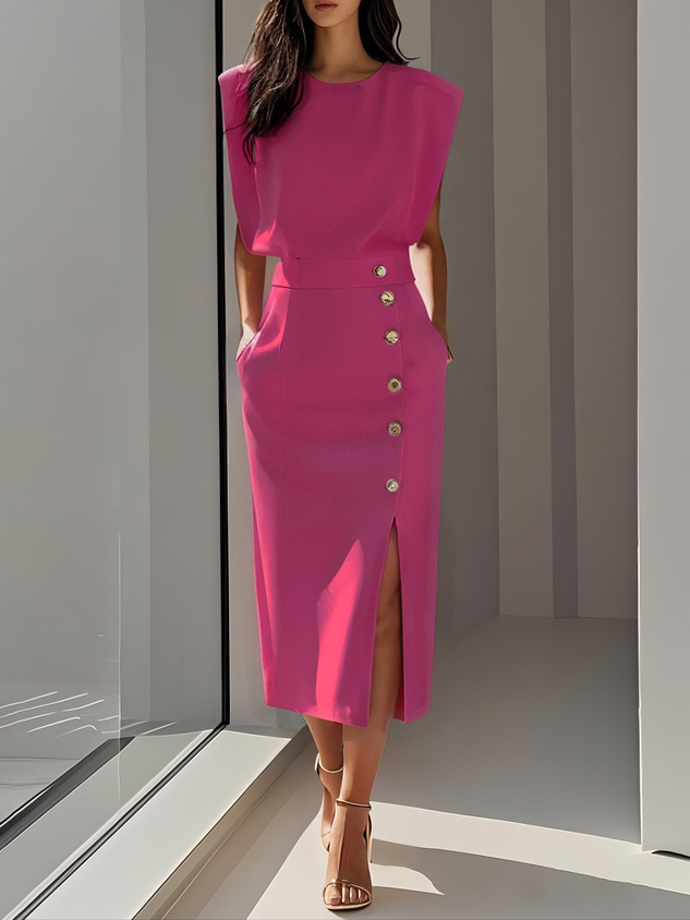 Women’s Sleeveless Midi Dress – Button Detail & Fitted Waist