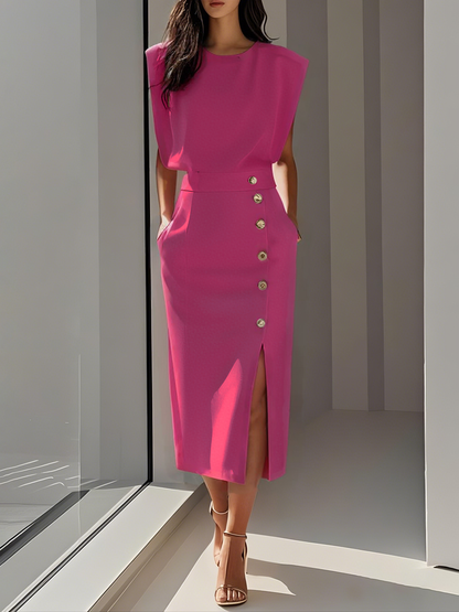 Women’s Sleeveless Midi Dress – Button Detail & Fitted Waist