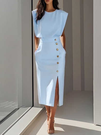 Women’s Sleeveless Midi Dress – Button Detail & Fitted Waist
