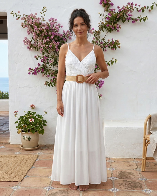 Elena | Vestido largo liso con pecho de encaje