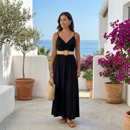 Elena | Vestido largo liso con pecho de encaje