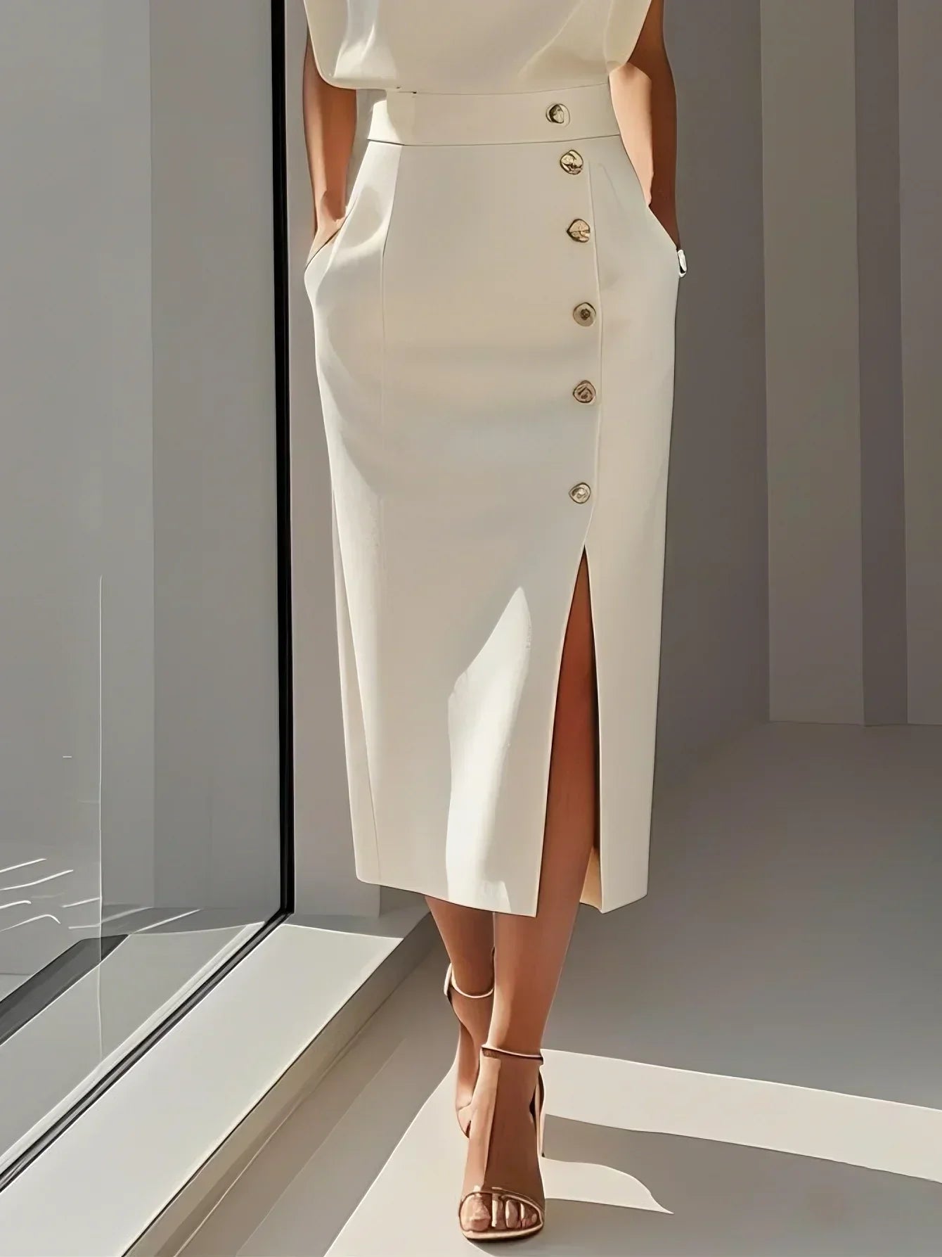 Women’s Sleeveless Midi Dress – Button Detail & Fitted Waist