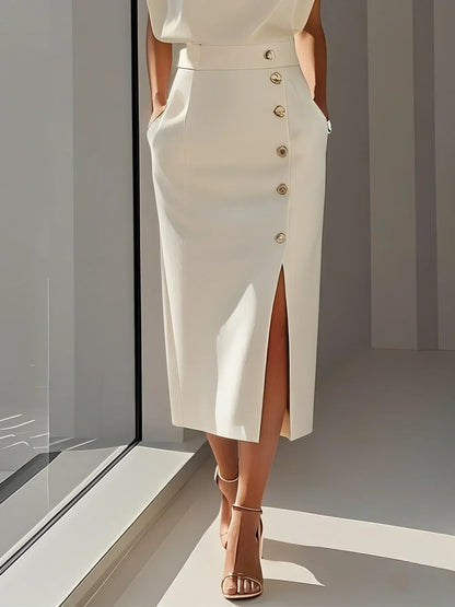 Women’s Sleeveless Midi Dress – Button Detail & Fitted Waist