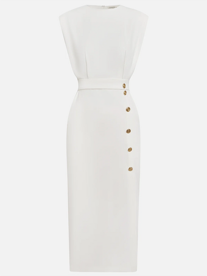 Women’s Sleeveless Midi Dress – Button Detail & Fitted Waist